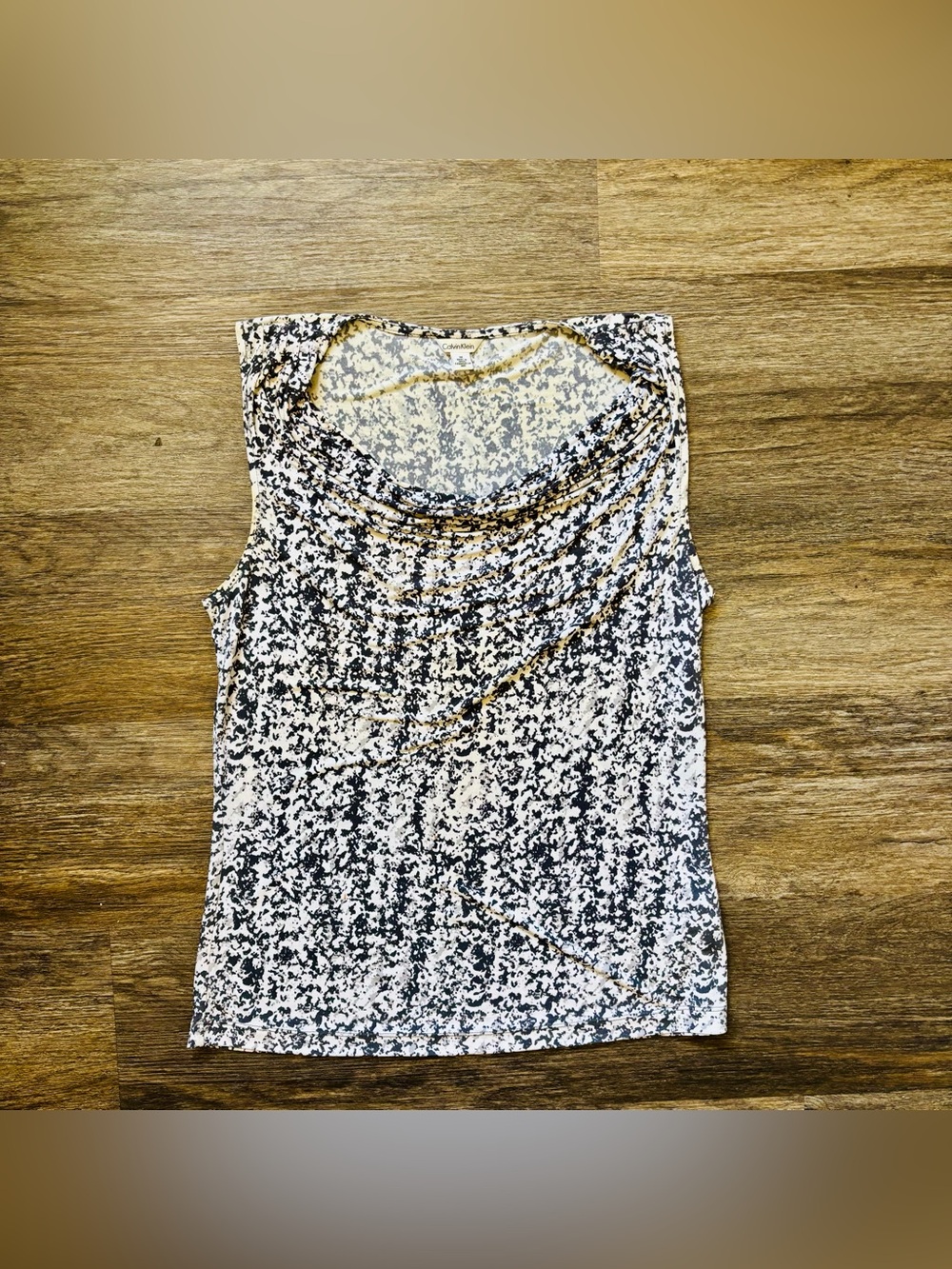 Calvin Klein Black and White Speckled Cowl Neck Tank